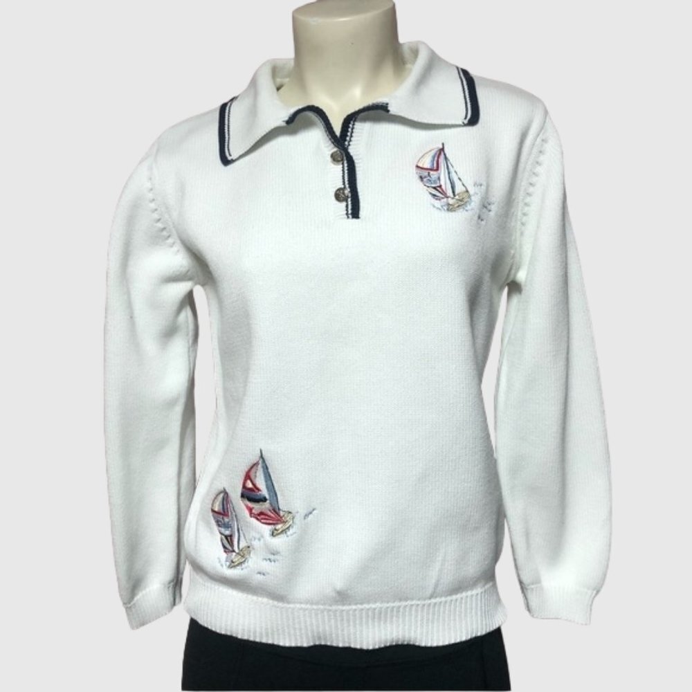 Tabi International Embroidered Sailing White Knit Pullover Sweater